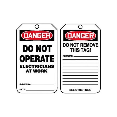 Accuform Safety Tags, DANGER DO NOT OPERATE ELECTRICIANS AT WORK, 5.75in x 3.25in, RP-Plastic, 5PK MDT204PTM